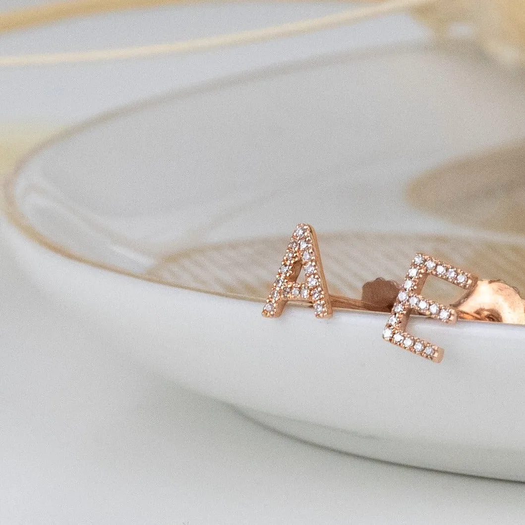 14K Gold Pav Letter Stud
