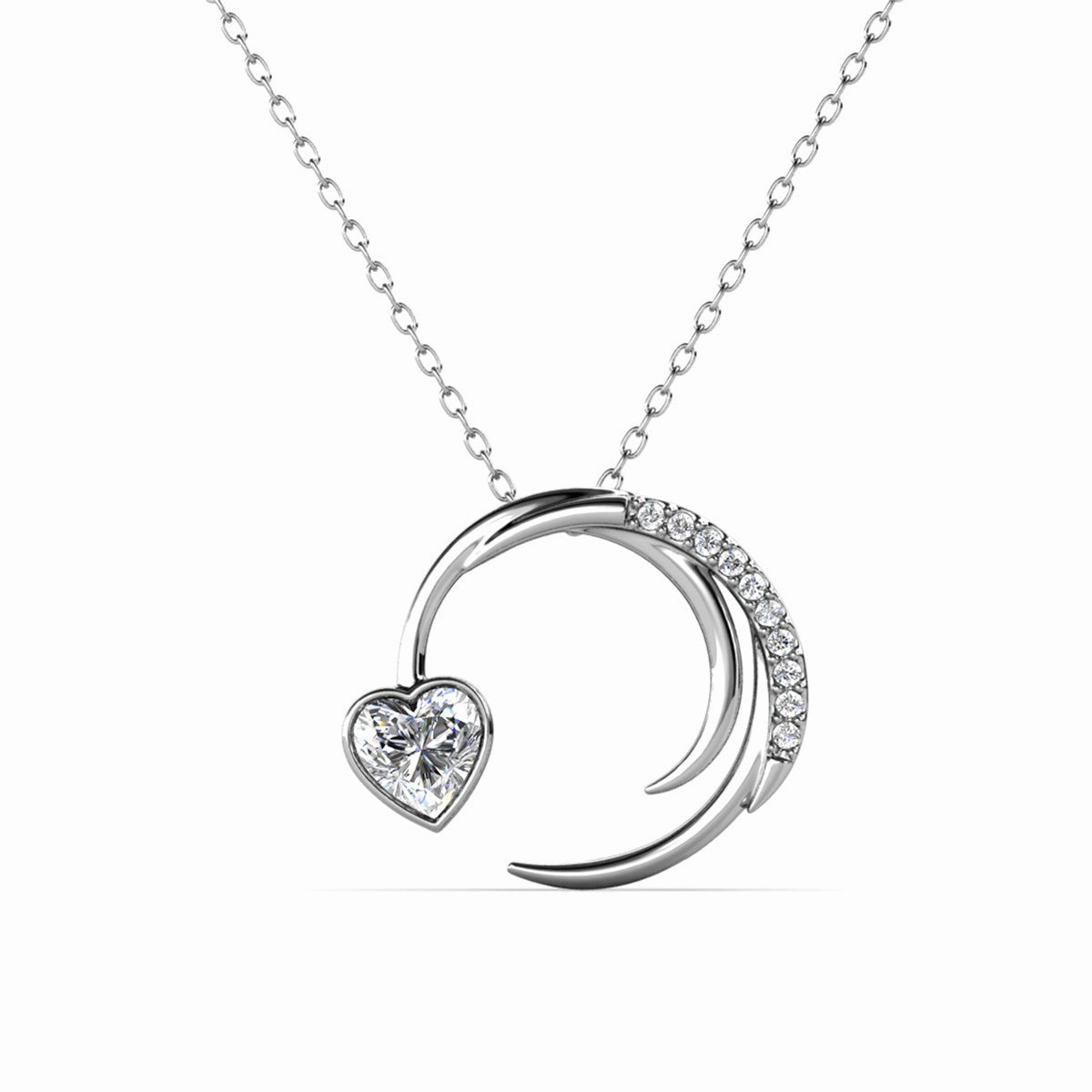 Aelin 18k White Gold Plated Crescent Heart Pendant Necklace with Swarovski Crystals