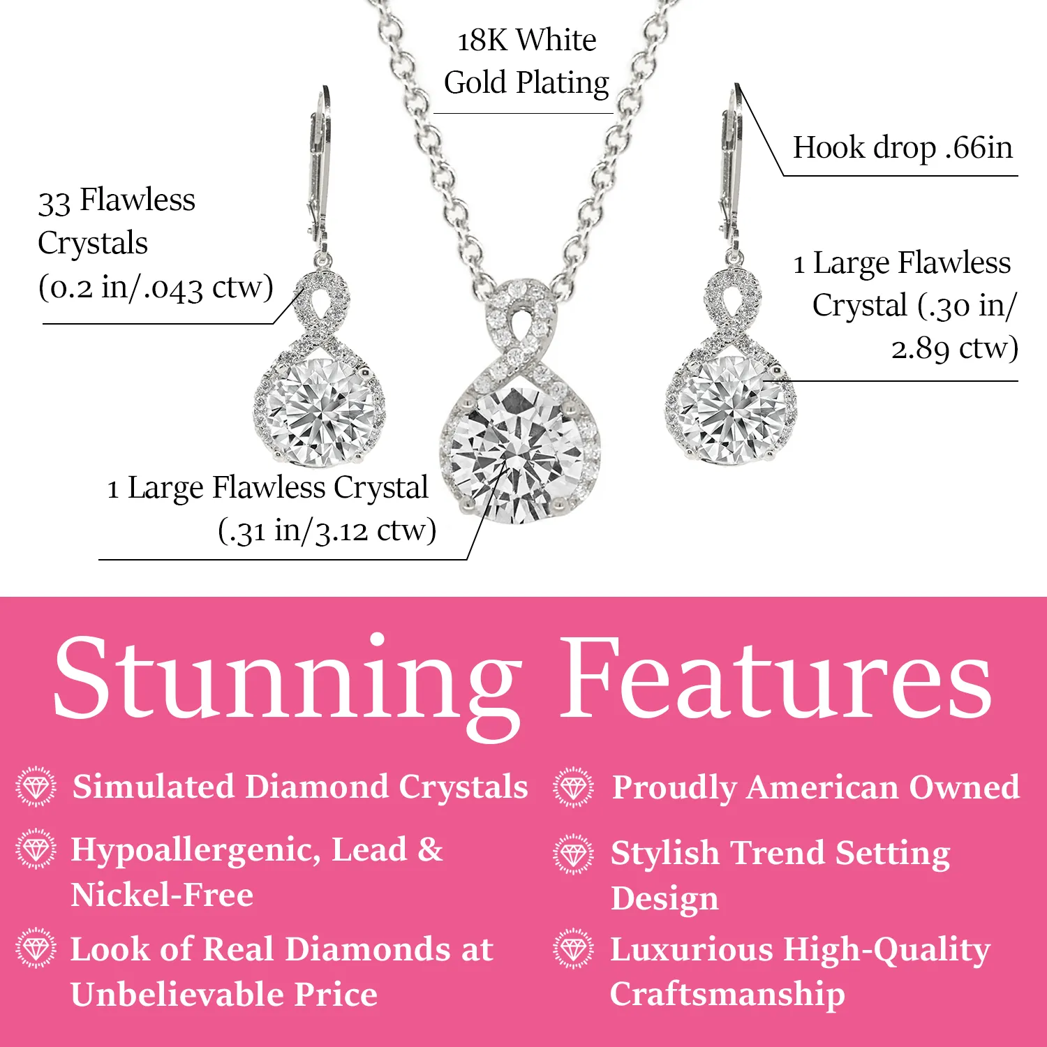 Alessandra 18k White Gold Plated Infinity Earrings and Necklace Jewelry Set with Simulated Diamond Crystals