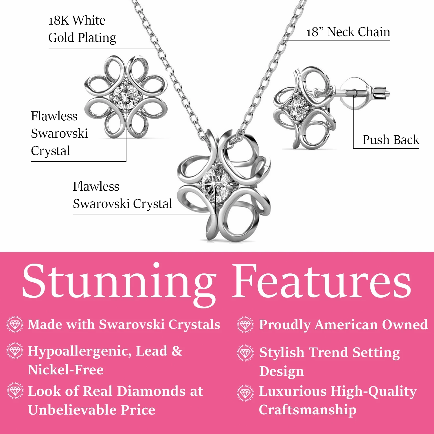 Alexis 18k White Gold Plated Flower Earring and Necklace Set with Swarovski Crystals