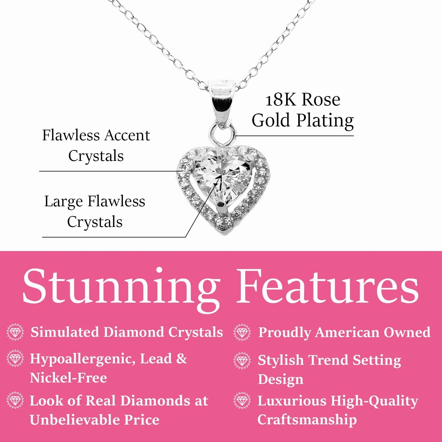Amora 18k White Gold Plated Halo Heart Pendant Necklace with Simulated Diamond Crystals