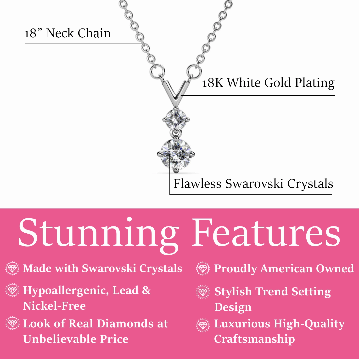 Andy 18k White Gold Plated 2-Stone Pendant Necklace with Swarovski Crystals