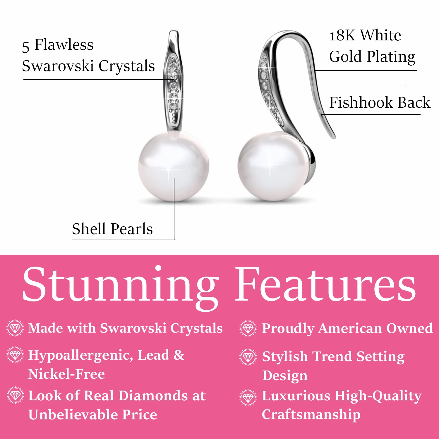 Ann 18k White Gold Freshwater Pearl Drop Earrings with Swarovski Crystals