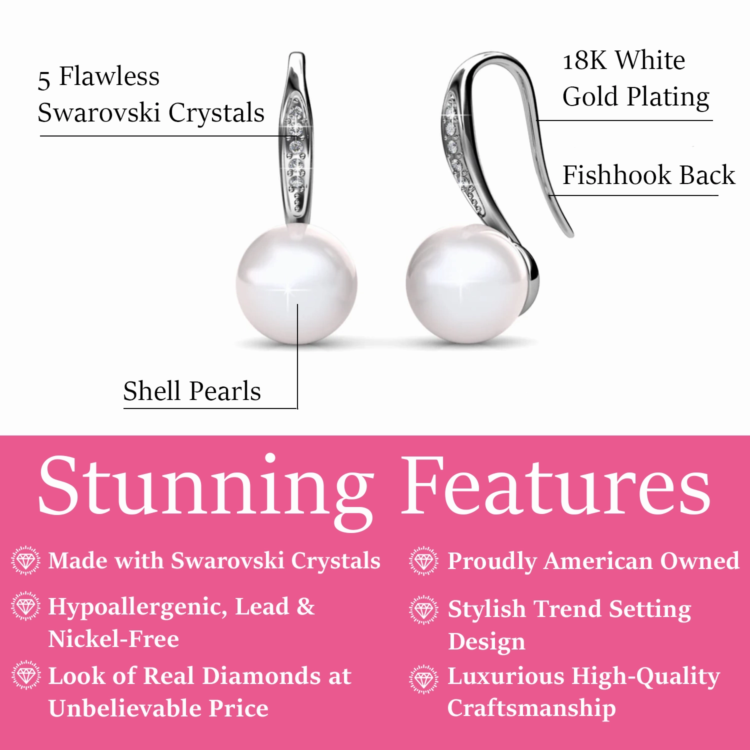 Ann 18k White Gold Freshwater Pearl Drop Earrings with Swarovski Crystals