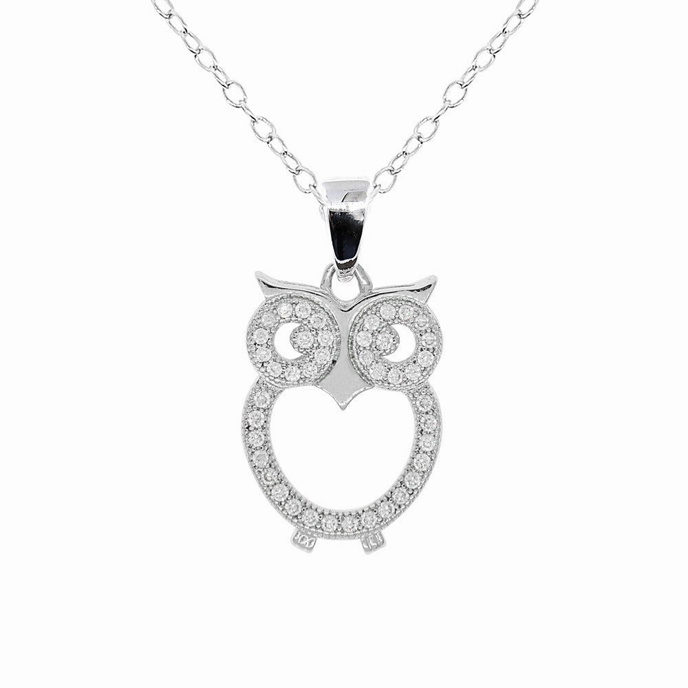 Ari 18k White Gold Plated Owl Pendant Necklace with Simulated Diamond Crystals
