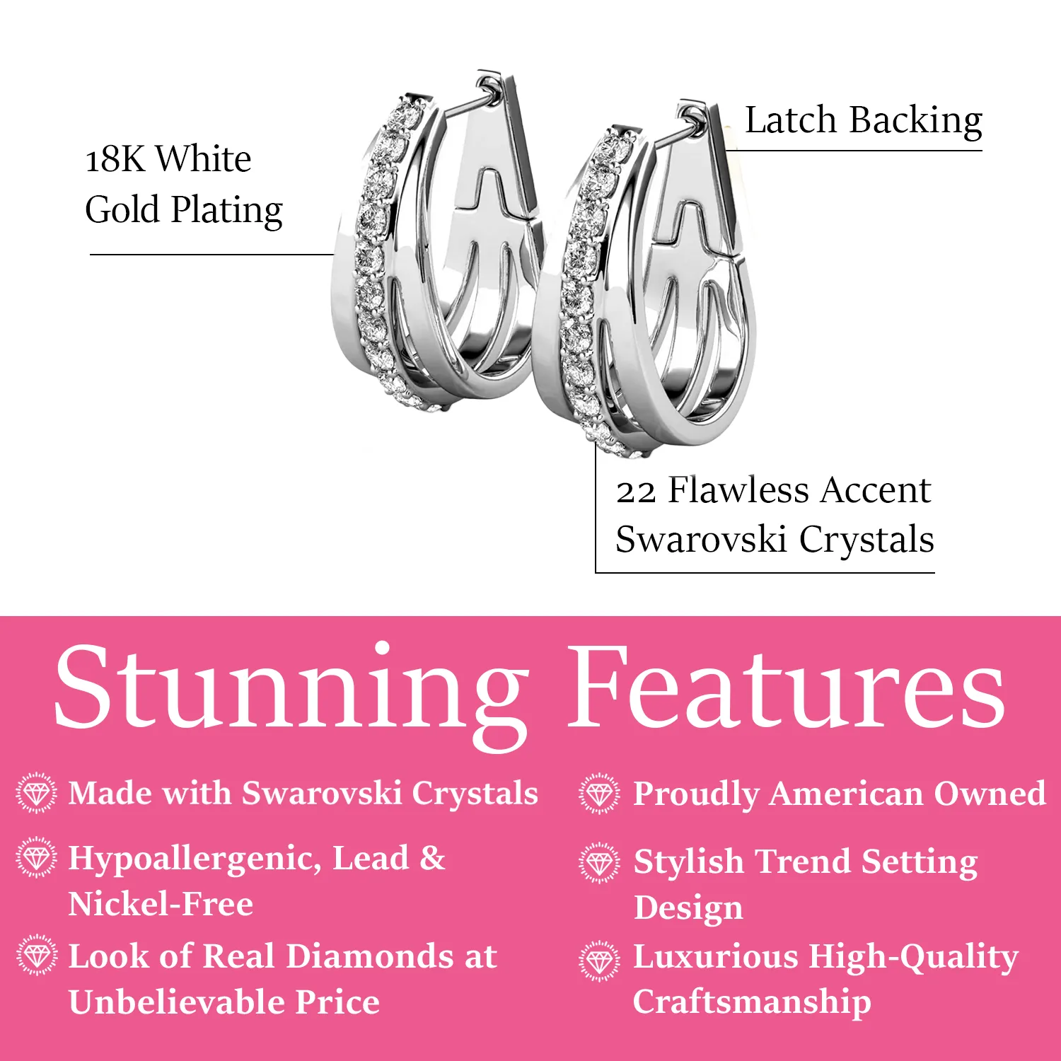 Bella 18k White Gold Plated 17mm Hoop Earrings with Swarovski Crystals