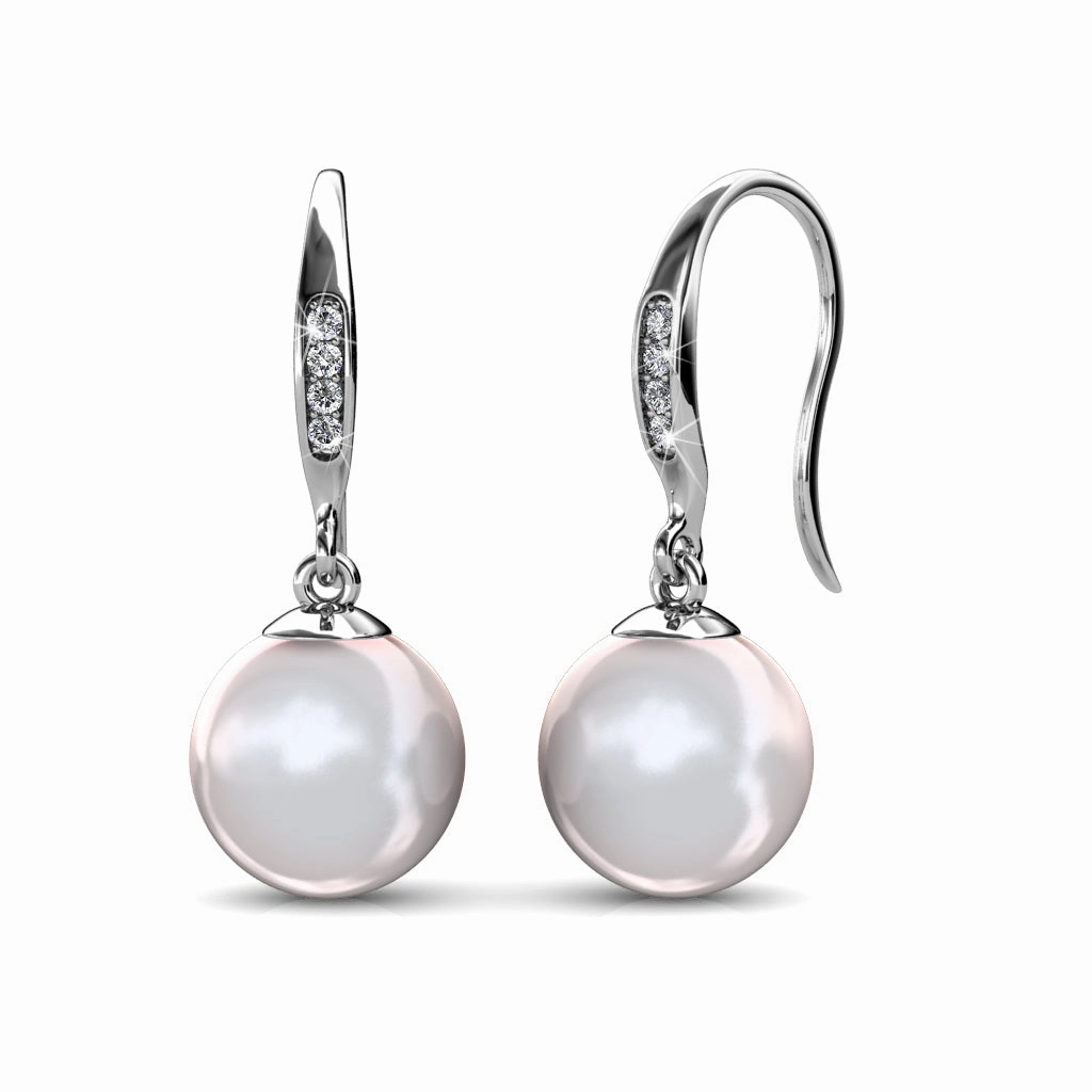 Betty 18k White Gold Plated Freshwater Pearl Drop Dangle Earrings with Swarovski Crystals
