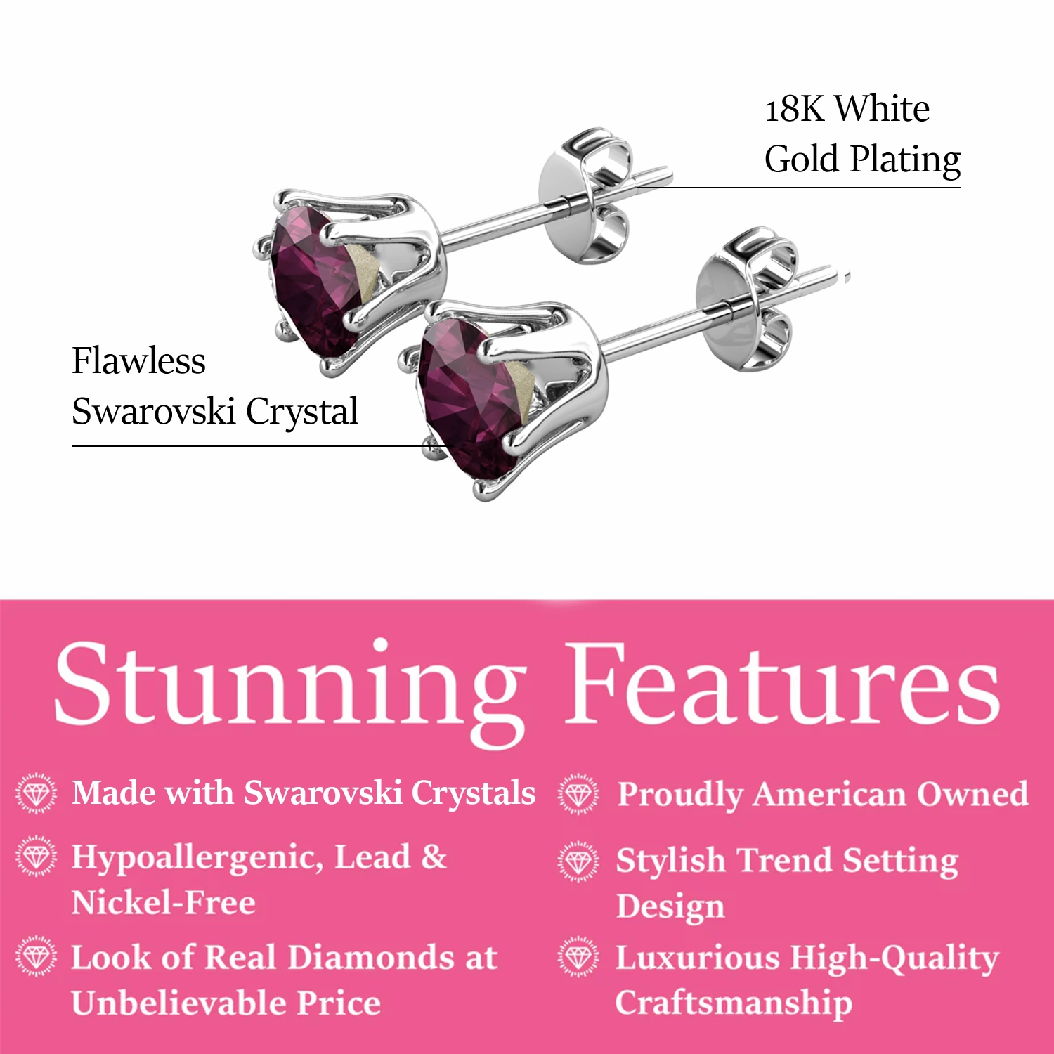 Birthstone Earrings 18k White Gold Plated Stud Earrings with 1CT Solitaire Swarovski Crystals