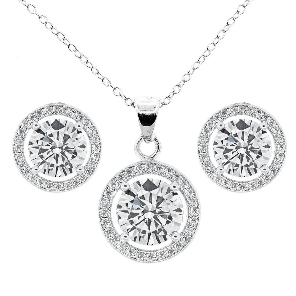 Blake 18k White Gold Plated Halo Stud Earrings and Necklace Jewelry Set with Simulated Diamond Crystals