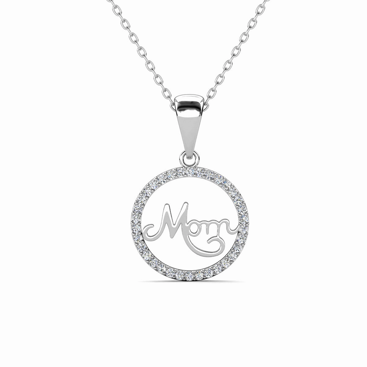 Brandy 18k White Gold Plated Circle Mom Necklace with Swarovski Crystals