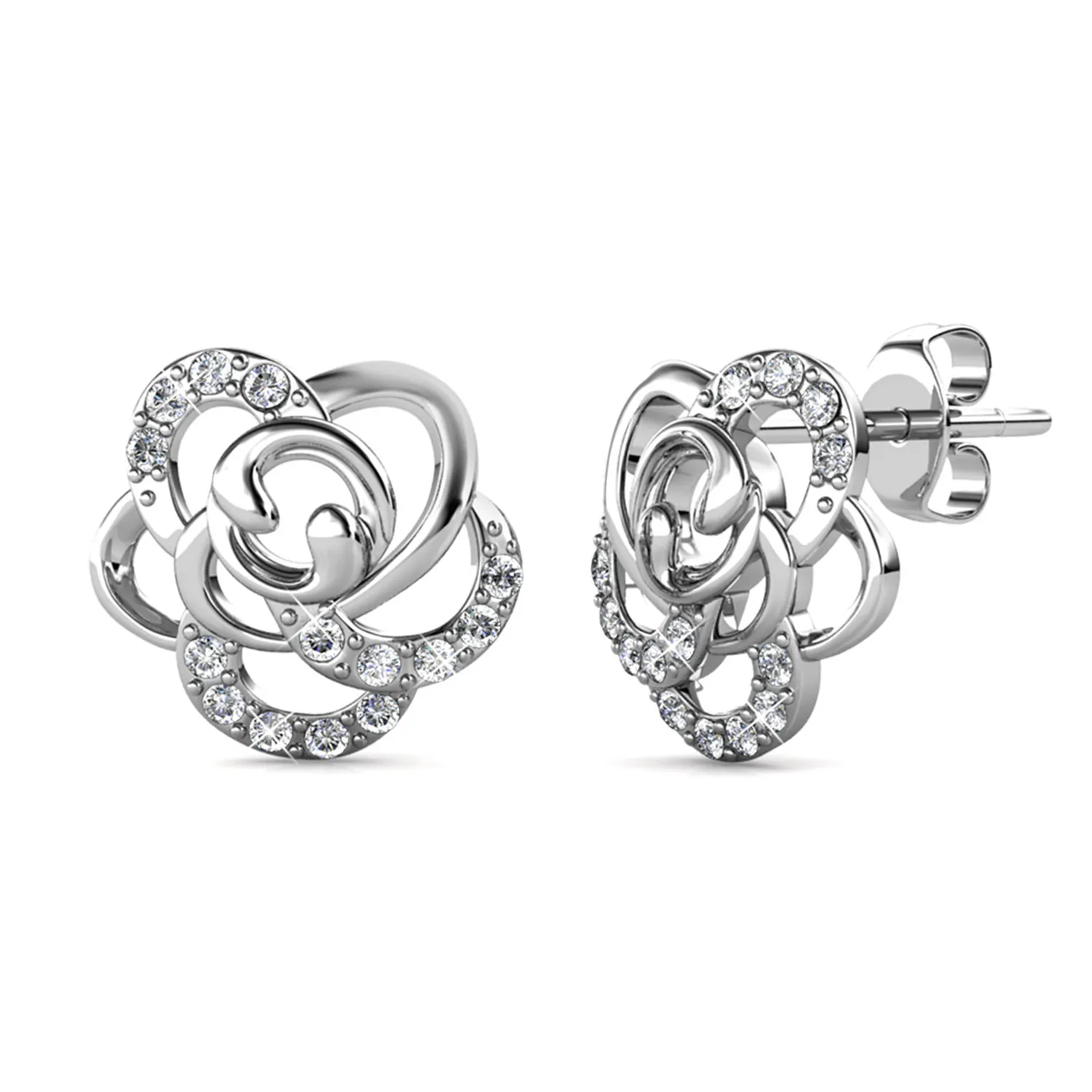 Briella 18k White Gold Plated Silver Flower Stud Earrings with Swarovski Crystals