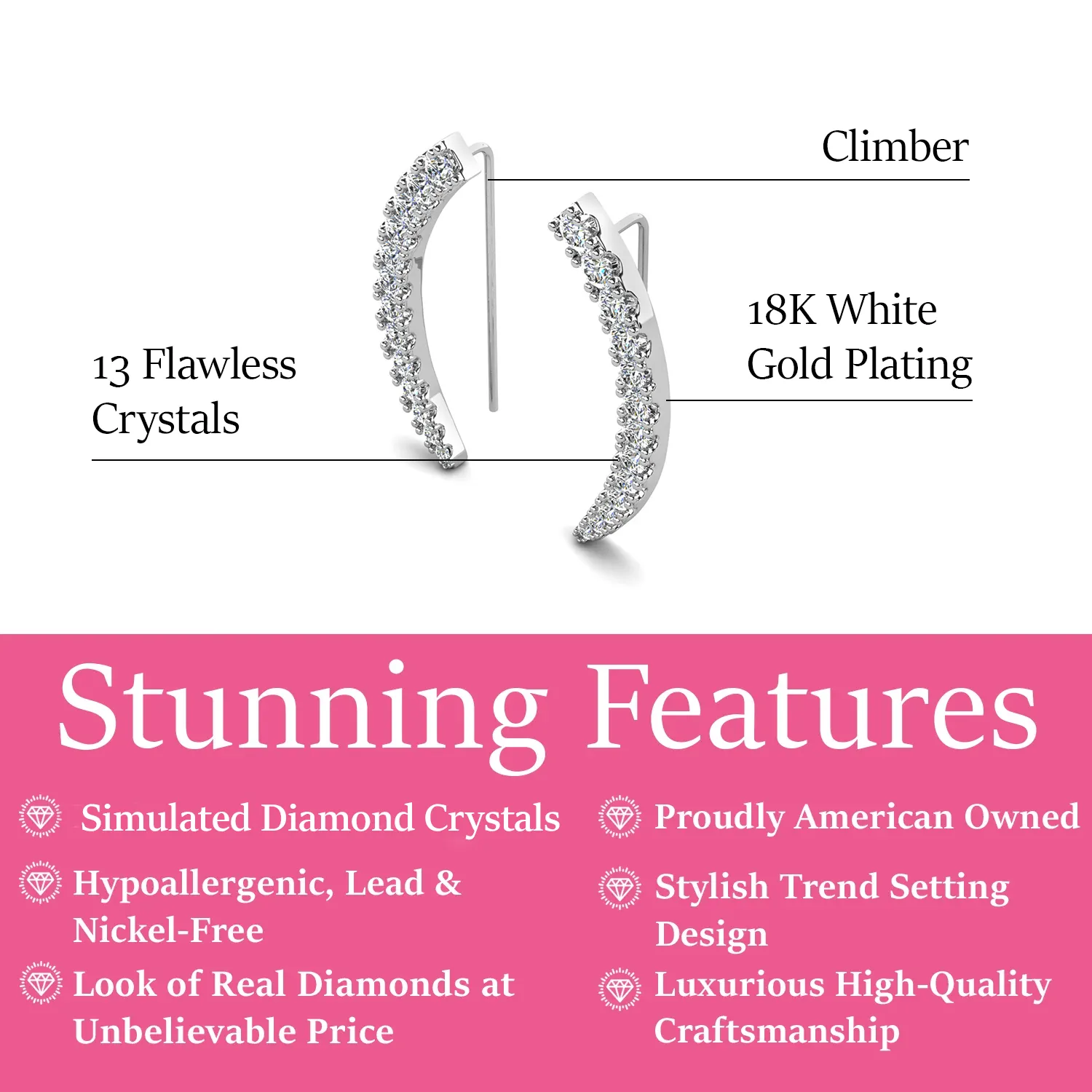 Camila 18k White Gold Plated Ear Climber Earrings with Simulated Diamond Crystals