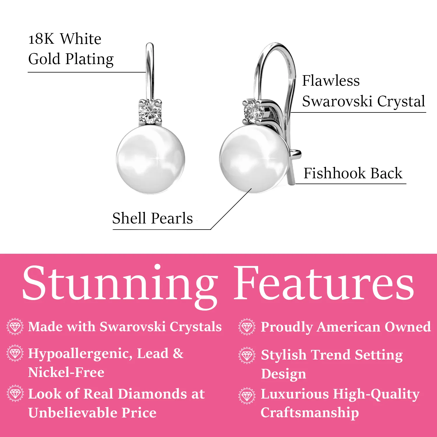 Cassie 18k White Gold Plated Pearl Drop Earrings with Swarovski Crystals