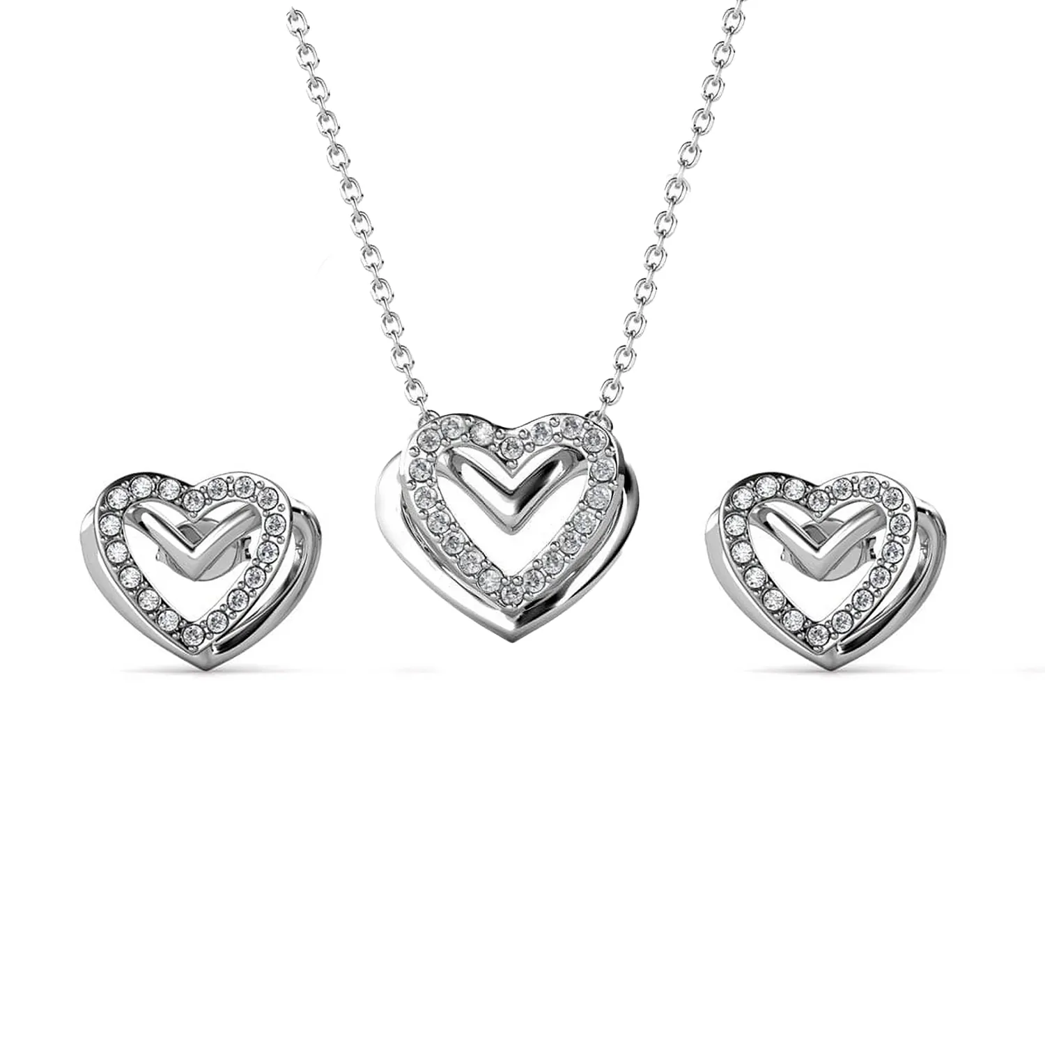 Cathy 18k White Gold Heart Necklace and Stud Earrings Jewelry Set with Crystals