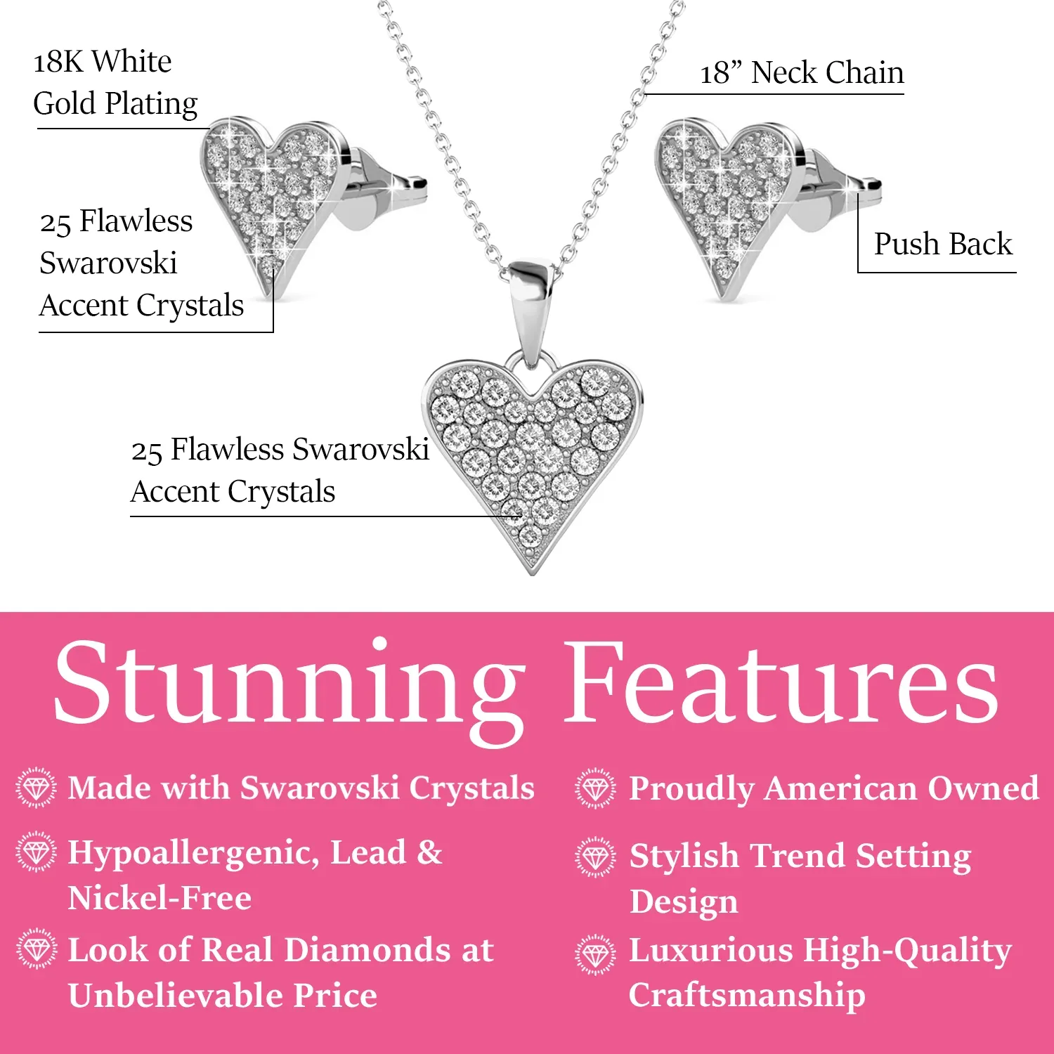 Cecilia 18k White Gold Heart Necklace and Stud Earrings Jewelry Set with Crystals