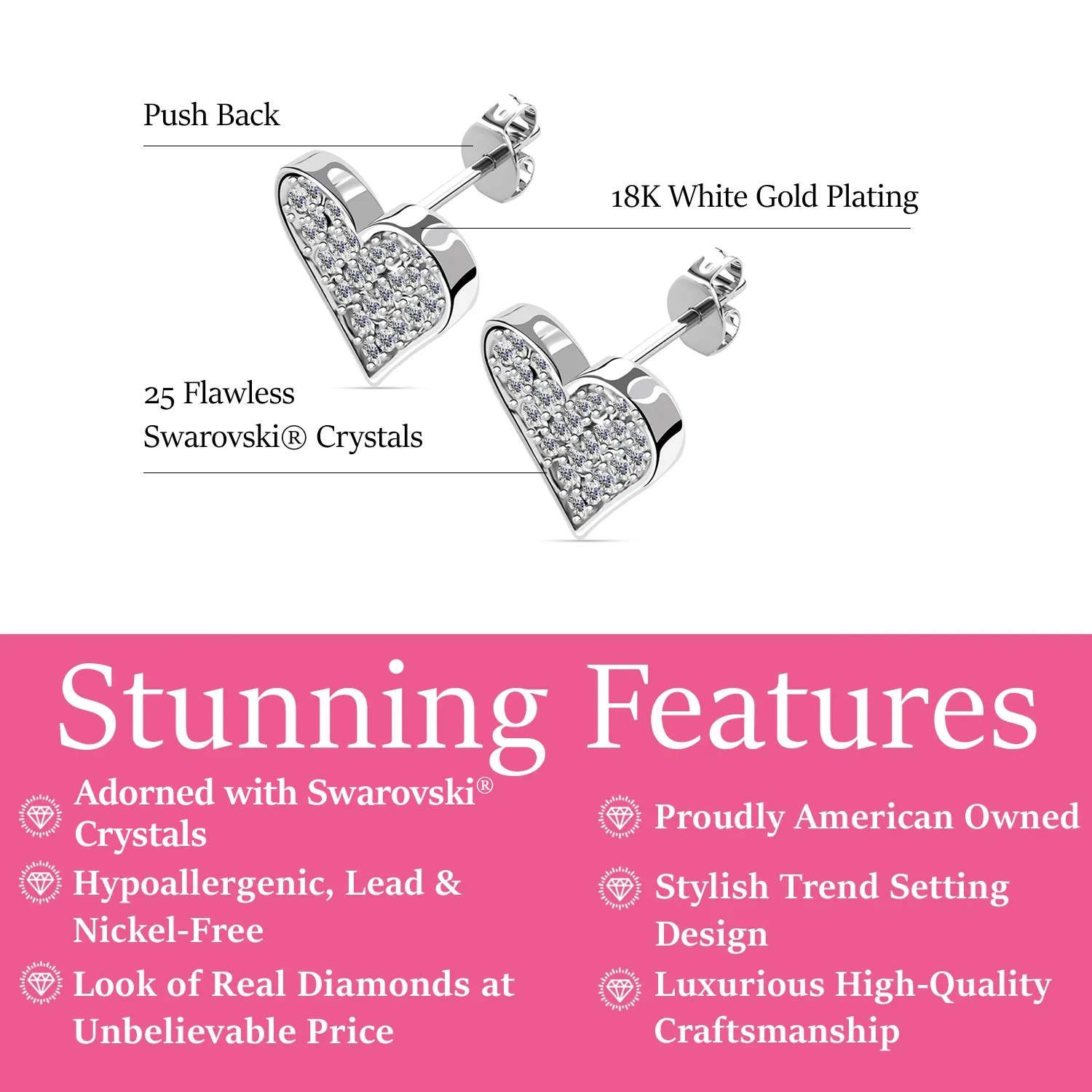 Cecilia 18k White Gold Plated Silver Heart Stud Earrings with Swarovski Crystals