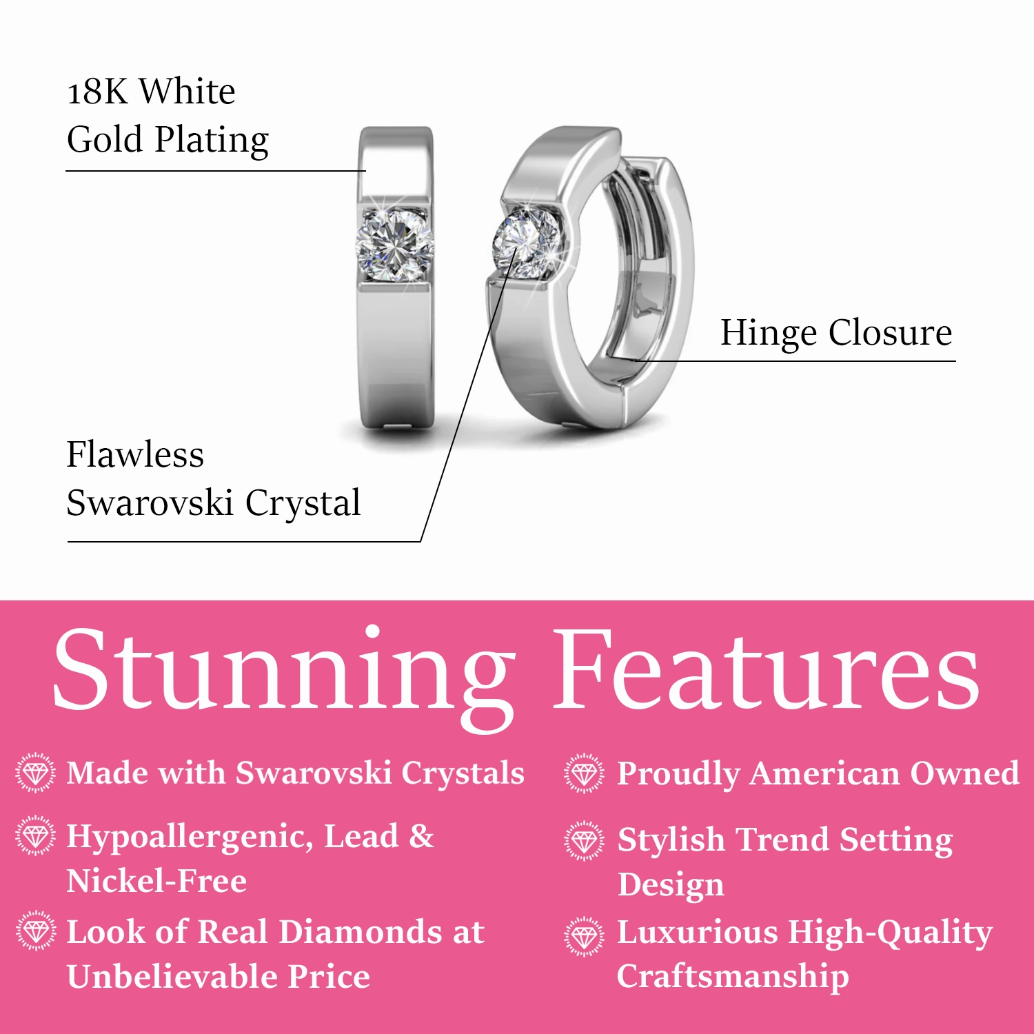 Charlie 18k White Gold Plated 14mm Hoop Earrings with Round Swarovski Crystals