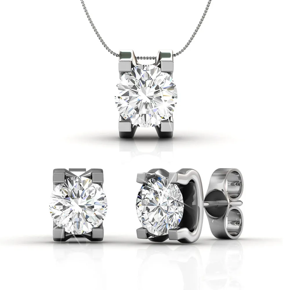 Clara 18k White Gold Plated Necklace and Earrings Jewelry Set with Solitaire Round Cut Swarovski Crystal  Final Sale