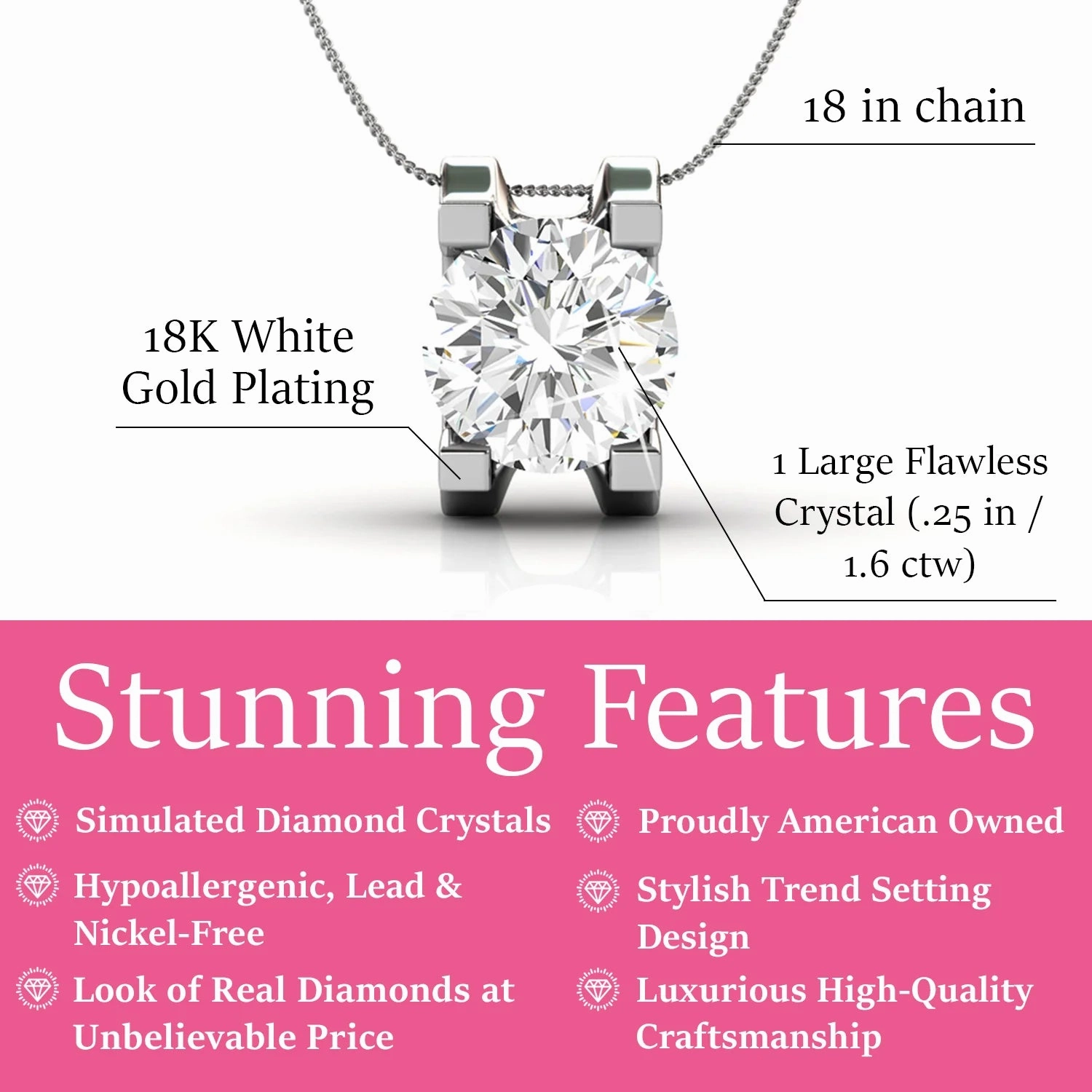 Clara 18k White Gold Plated Pendant Necklace with Solitaire Round Cut Swarovski Crystal