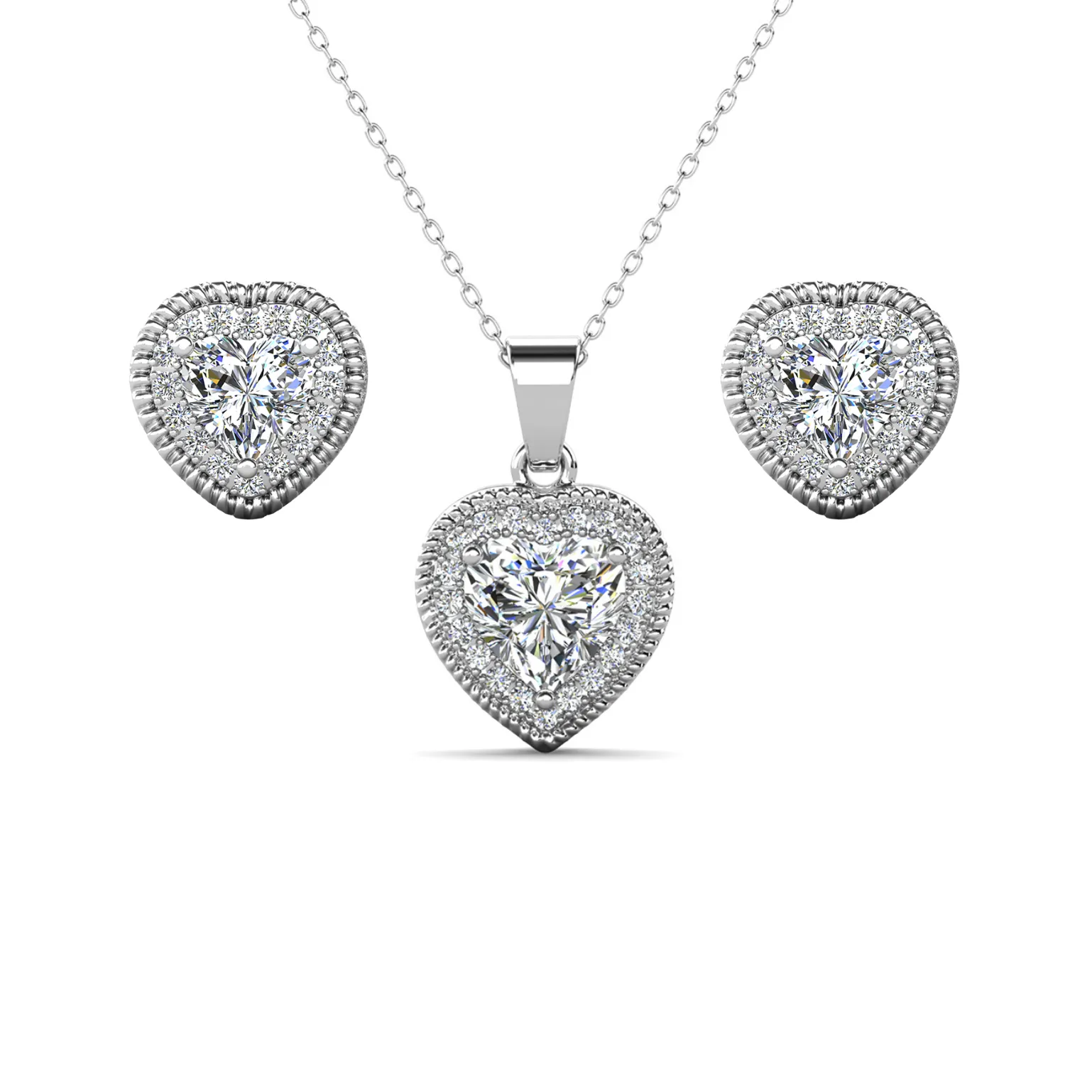 Coraline 18k White Gold Plated Heart Stud Earrings and Necklace Jewelry Set with Simulated Diamond Crystals