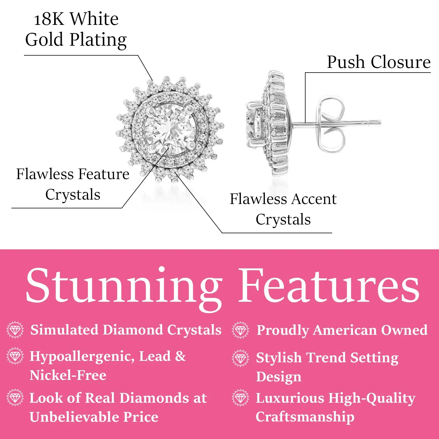 Cordelia 18k White Gold Plated Stud Earrings with Round Cut Simulated Diamond Crystals