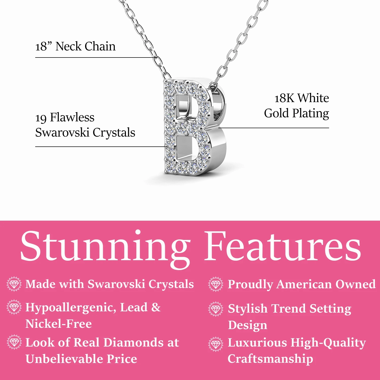 Ethereal Collection 18k White Gold Plated Initial Letter Pendant Necklace with Swarovski Crystals