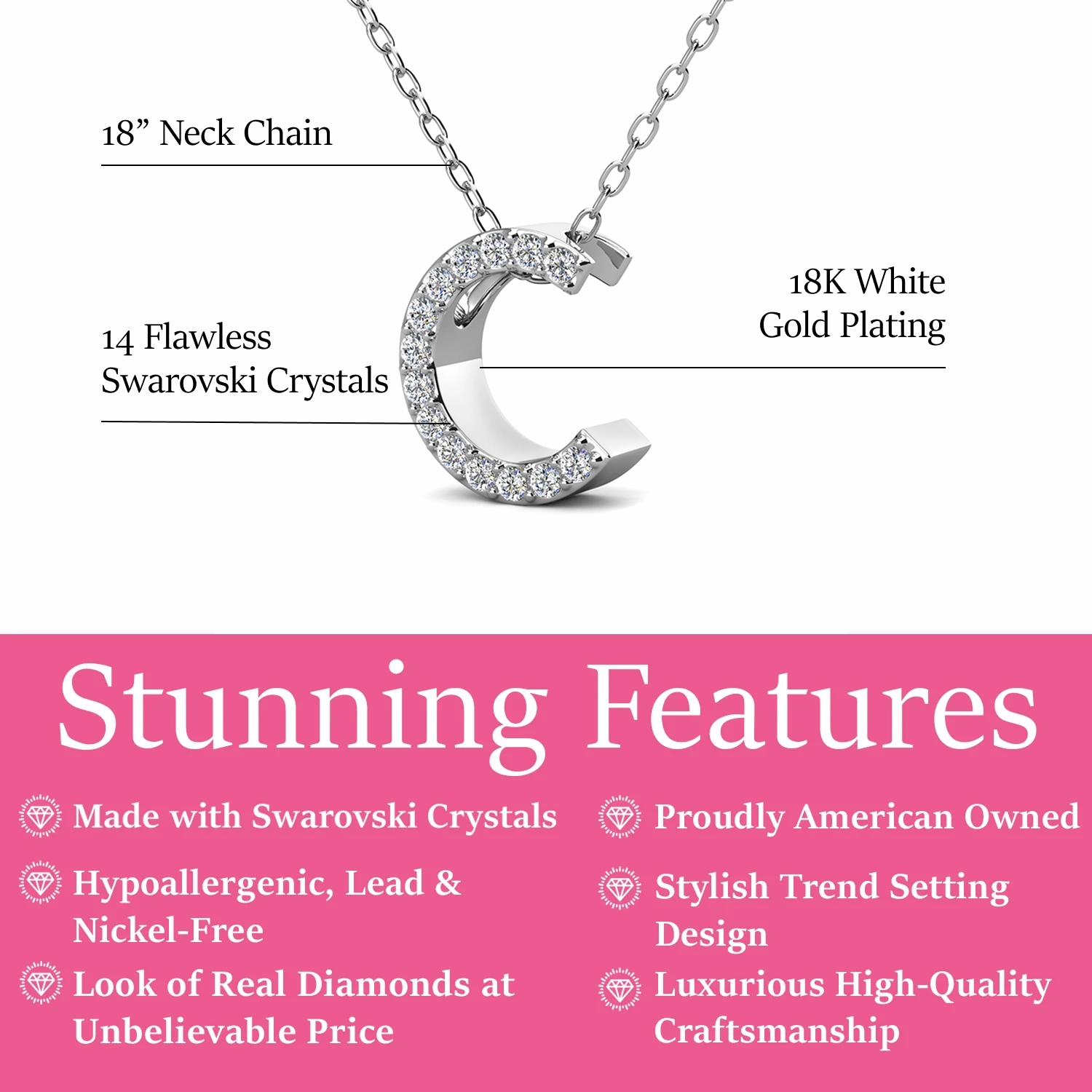 Ethereal Collection 18k White Gold Plated Initial Letter Pendant Necklace with Swarovski Crystals