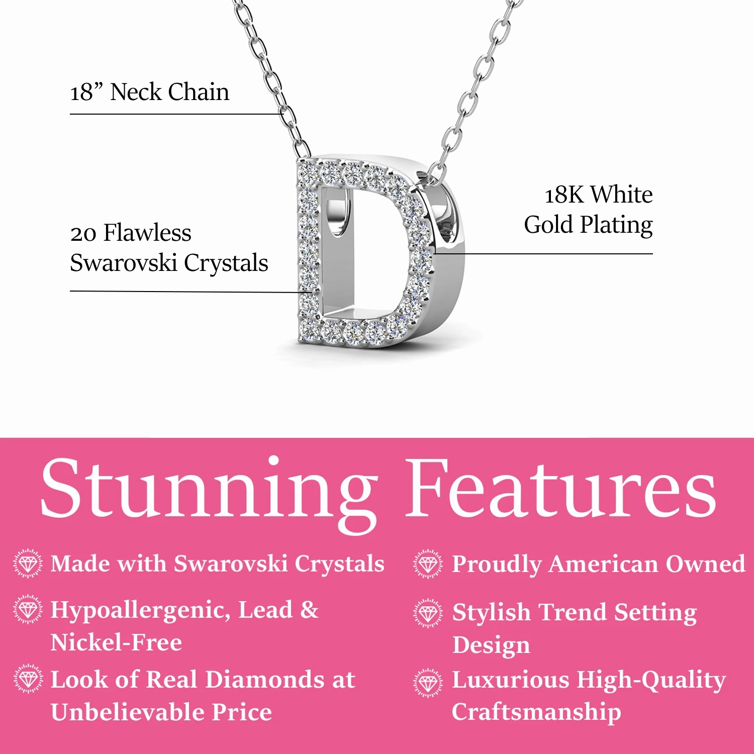 Ethereal Collection 18k White Gold Plated Initial Letter Pendant Necklace with Swarovski Crystals