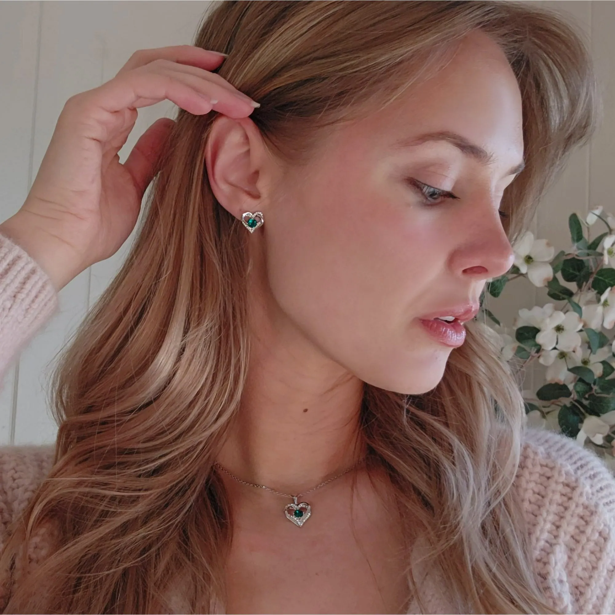 Forever Birthstone 18k White Gold Plated Double Heart Stud Earrings with Swarovski Crystals