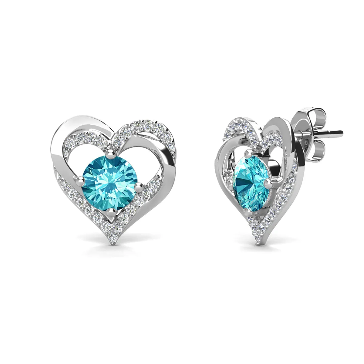 Forever Birthstone 18k White Gold Plated Double Heart Stud Earrings with Swarovski Crystals