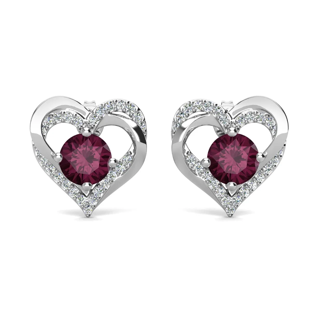 Forever Birthstone 18k White Gold Plated Double Heart Stud Earrings with Swarovski Crystals