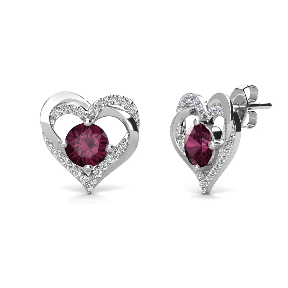Forever Birthstone 18k White Gold Plated Double Heart Stud Earrings with Swarovski Crystals