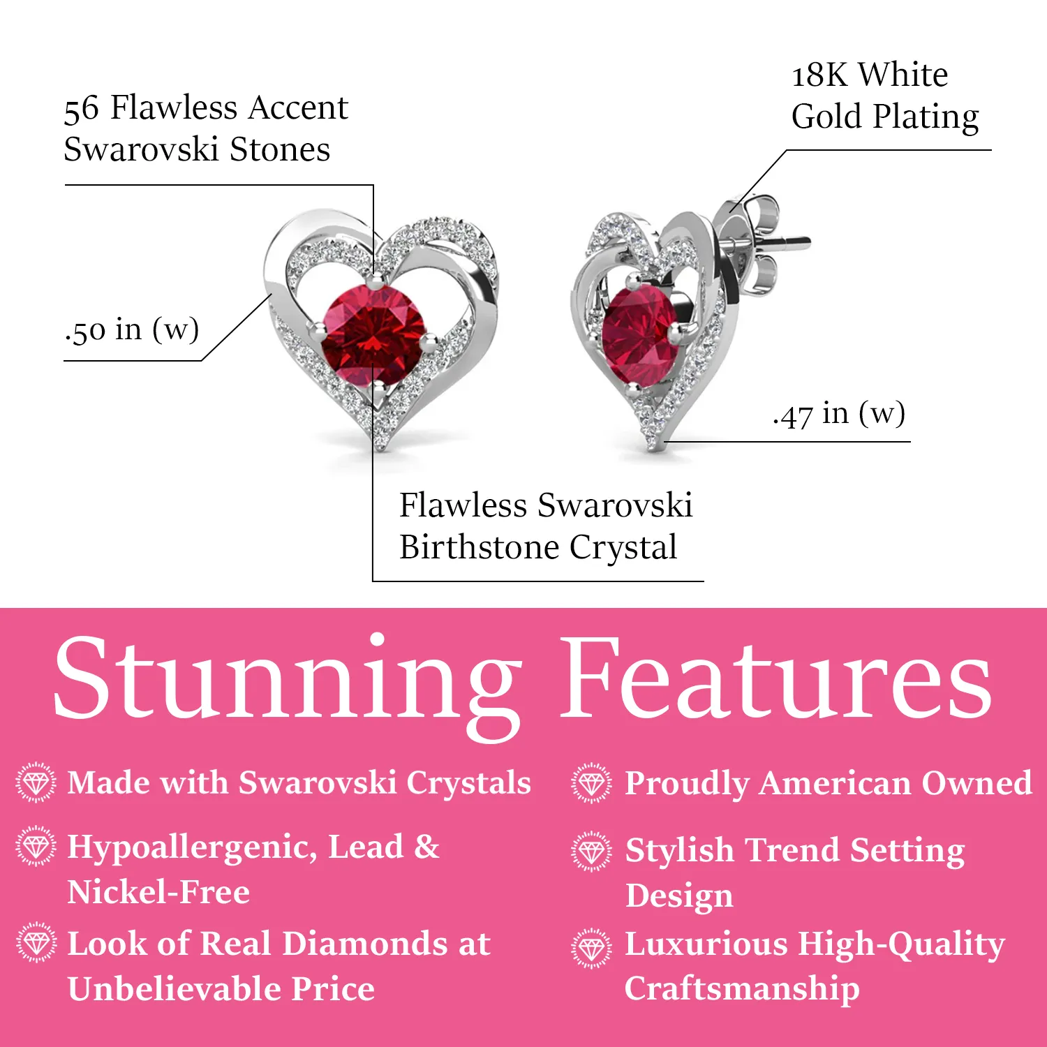 Forever Birthstone 18k White Gold Plated Double Heart Stud Earrings with Swarovski Crystals