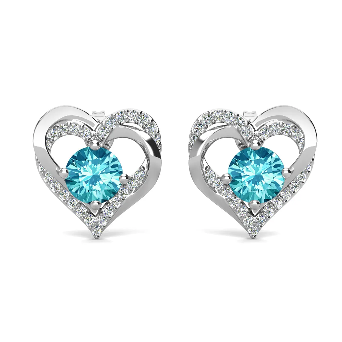 Forever Birthstone 18k White Gold Plated Double Heart Stud Earrings with Swarovski Crystals