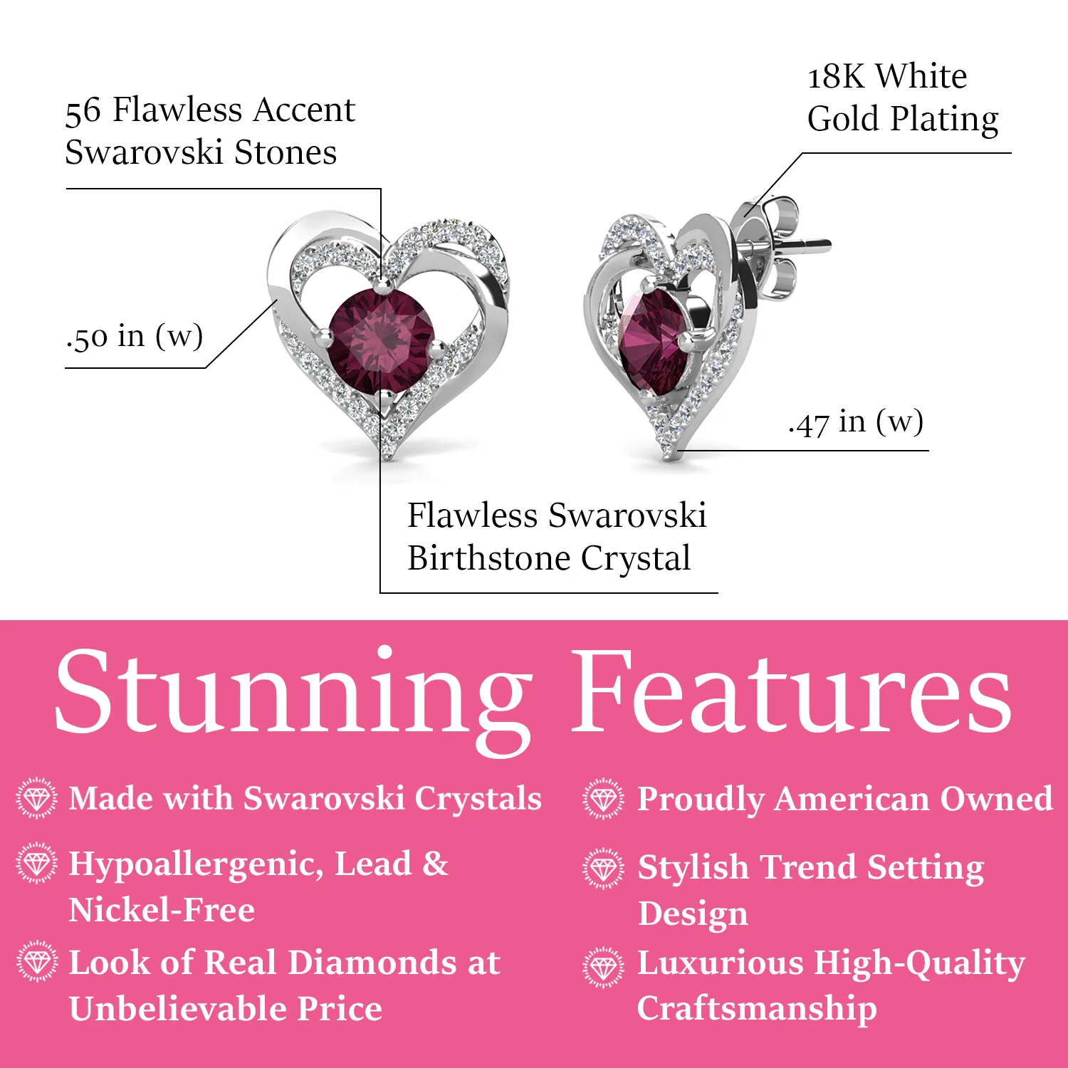 Forever Birthstone 18k White Gold Plated Double Heart Stud Earrings with Swarovski Crystals