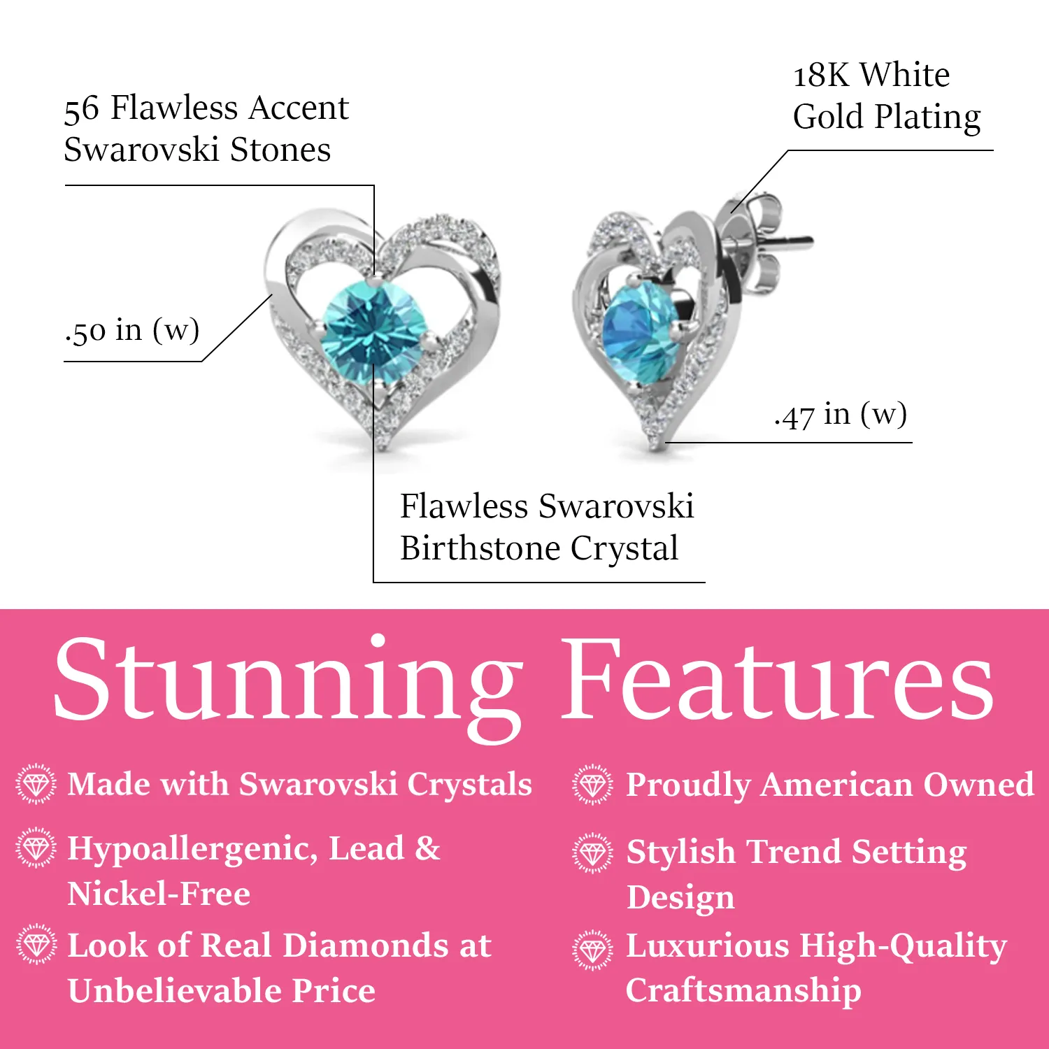 Forever Birthstone 18k White Gold Plated Double Heart Stud Earrings with Swarovski Crystals