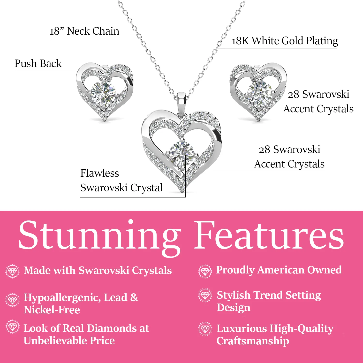 Forever Birthstone 18k White Gold Plated Silver Double Heart Earrings and Necklace Set with Swarovski Crystals