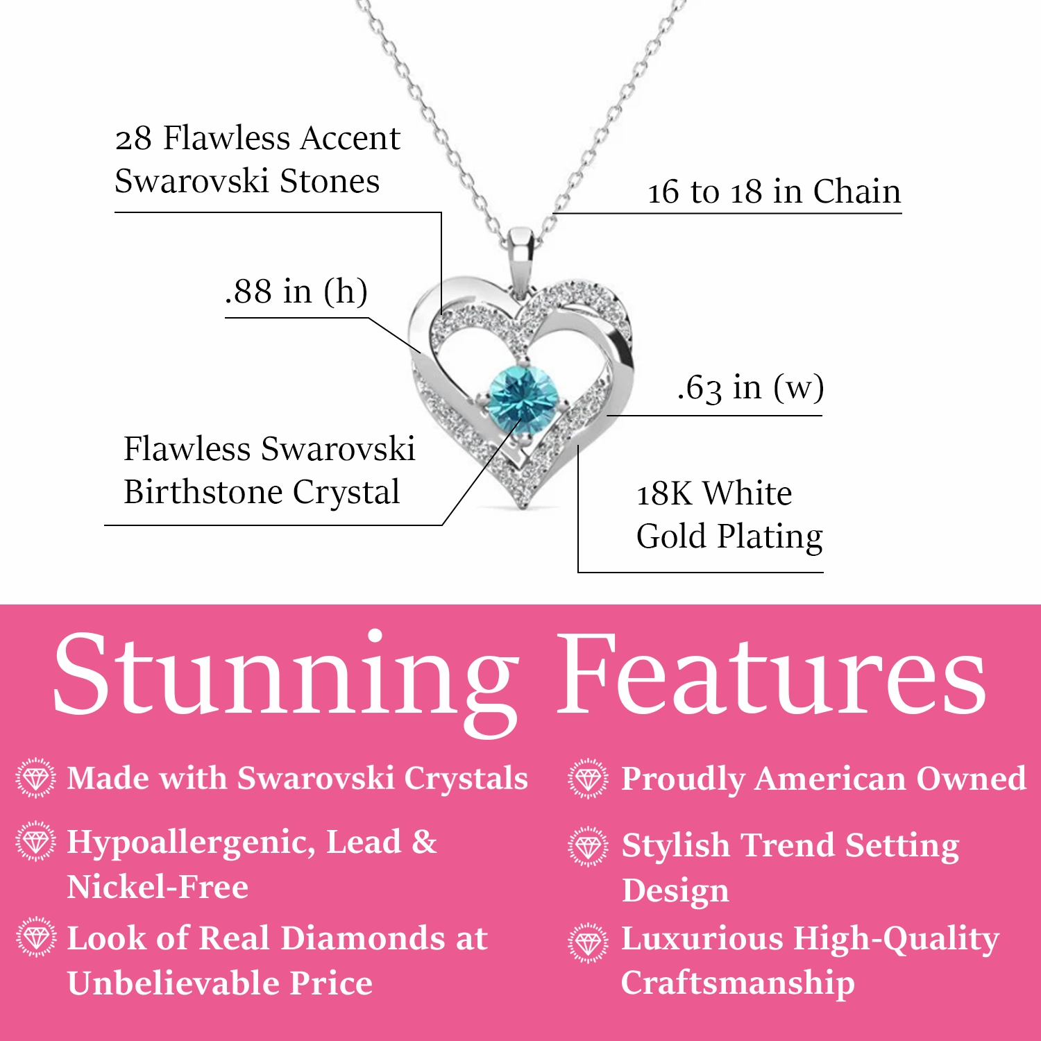Forever Birthstone 18k White Gold Plated Double Heart Necklace with Swarovski Crystals