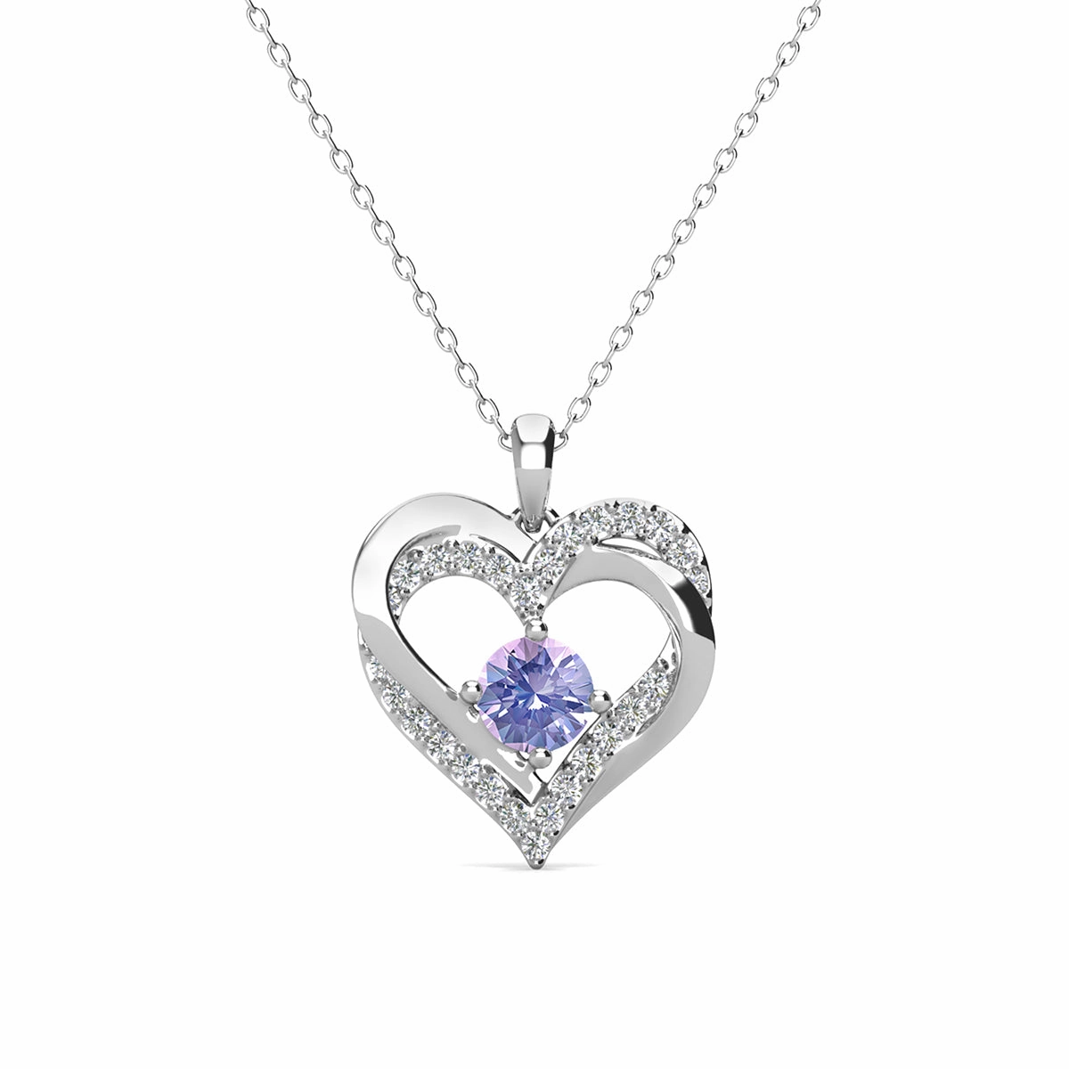 Forever June Birthstone 18k White Gold Plated Silver Double Heart Diamond Necklace with Swarovski Crystals