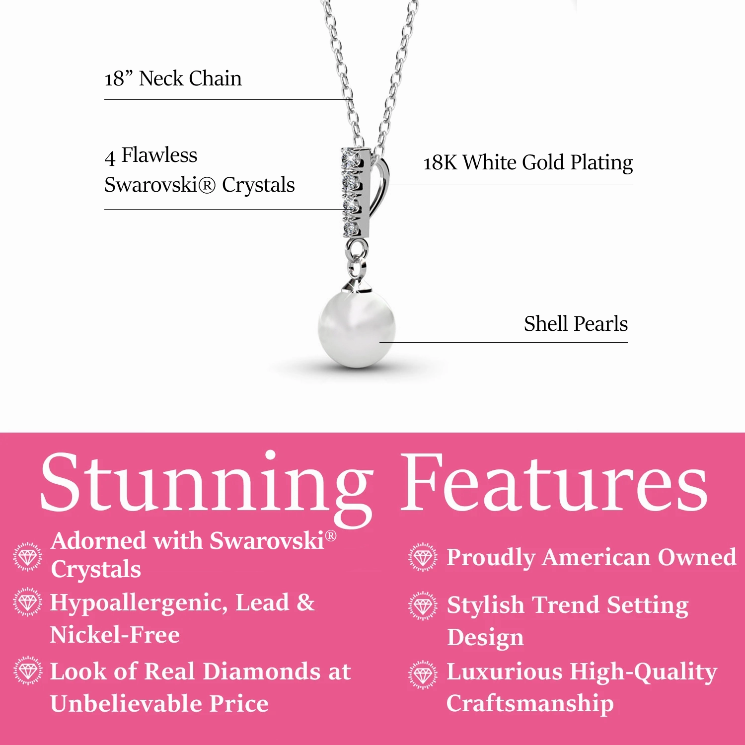 Gabrielle 18k White Gold Pearl Drop Pendant Necklace with Swarovski Crystals