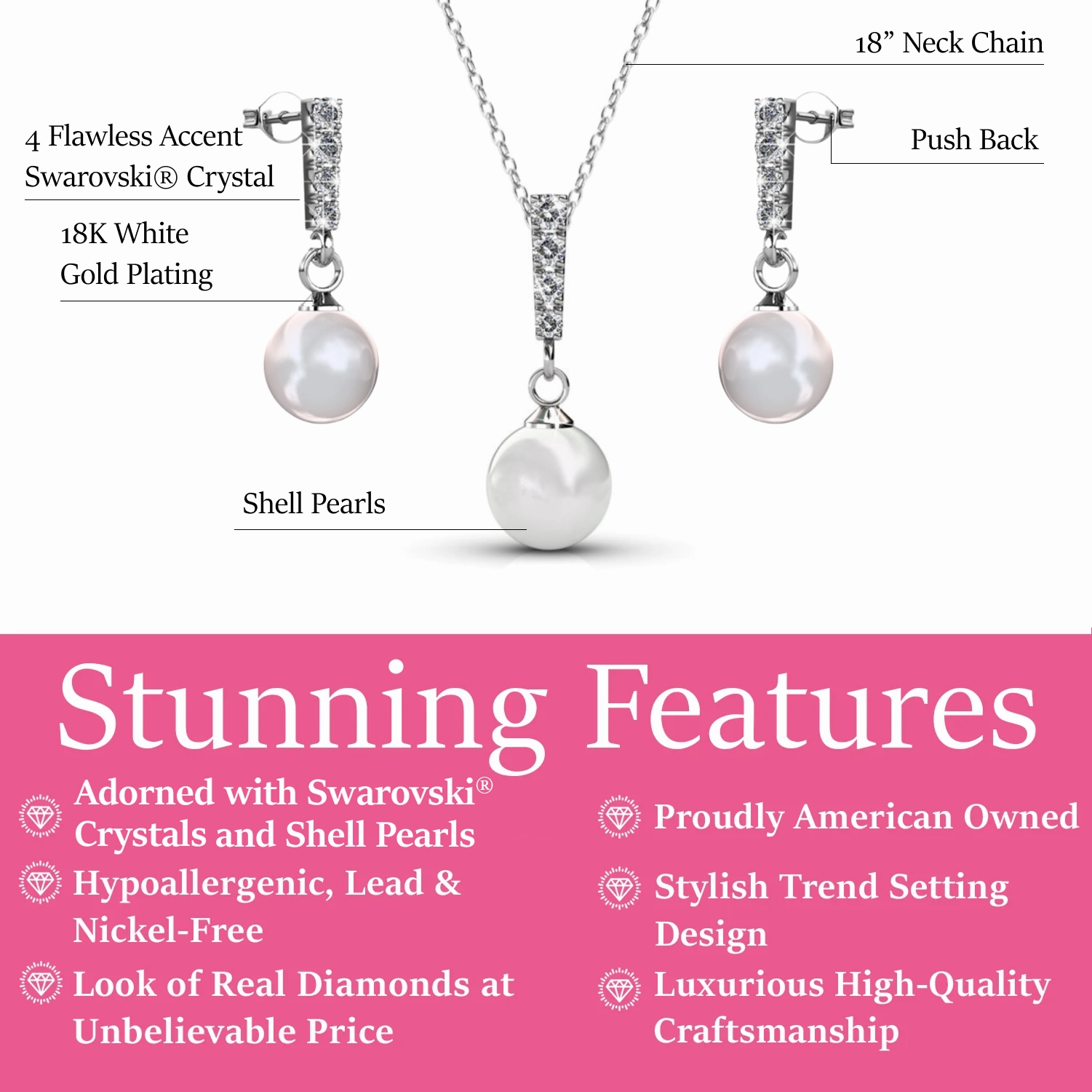 Gabrielle 18k White Gold Plated Pearl Drop Earrings and Necklace Jewelry Set with Swarovski Crystals