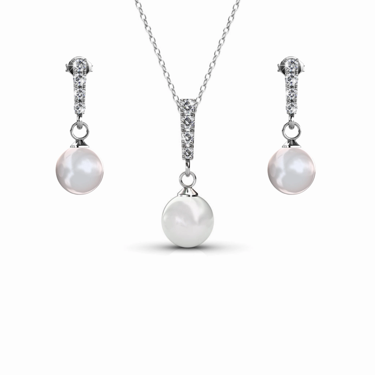Gabrielle 18k White Gold Plated Pearl Drop Earrings and Necklace Jewelry Set with Swarovski Crystals