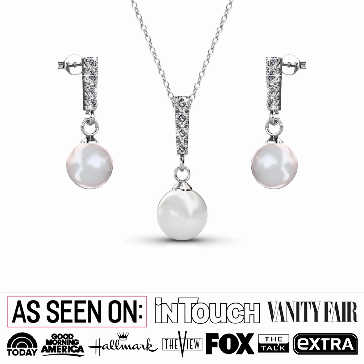 Gabrielle 18k White Gold Plated Pearl Drop Earrings and Necklace Jewelry Set with Swarovski Crystals
