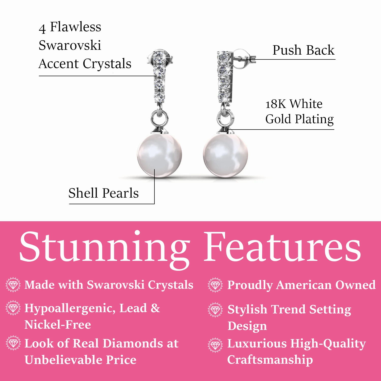 Gabrielle 18k White Gold Plated Pearl Drop Earrings with Swarovski Crystals