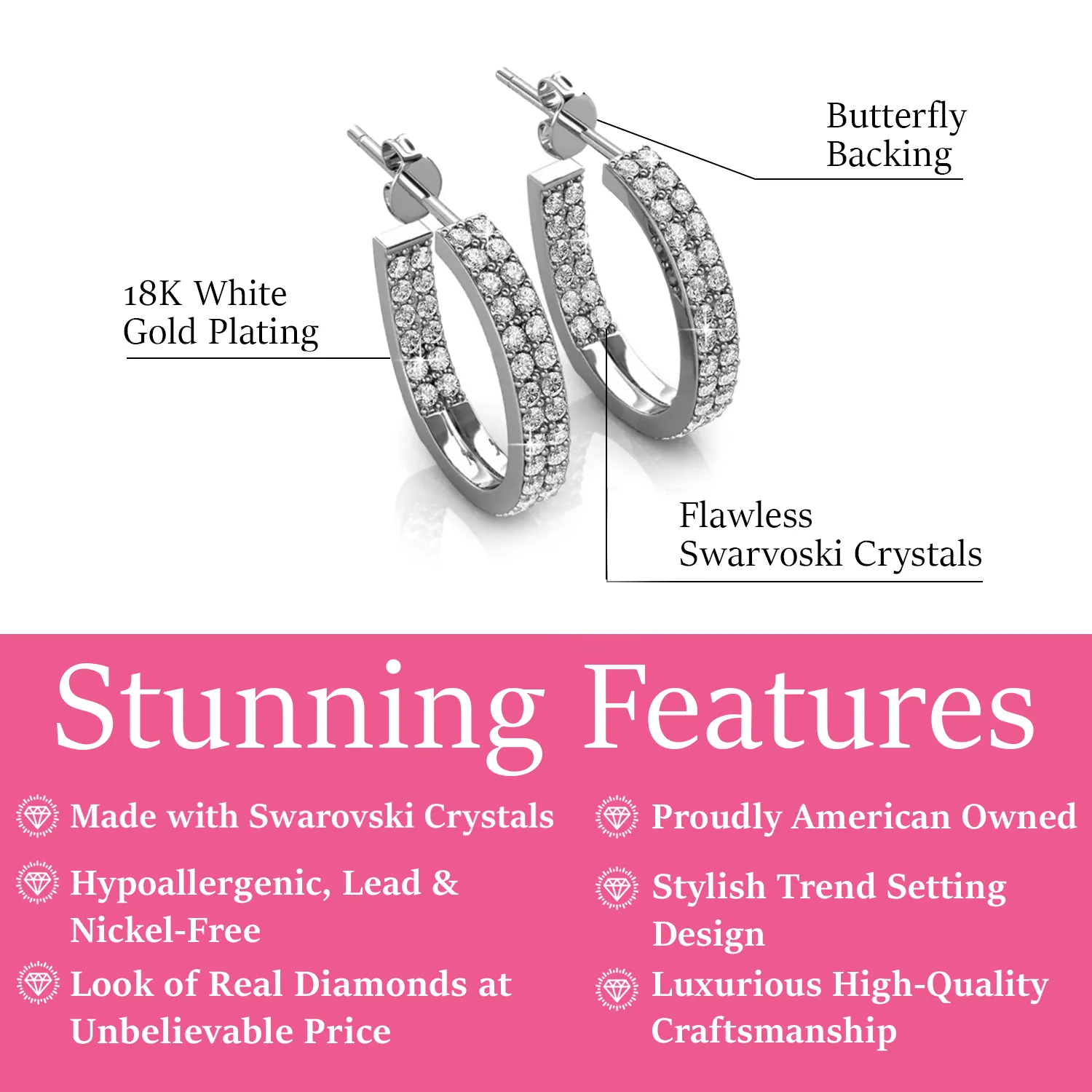 Grace 18k White Gold Plated 19mm Hoop Earrings with Swarovski Crystals