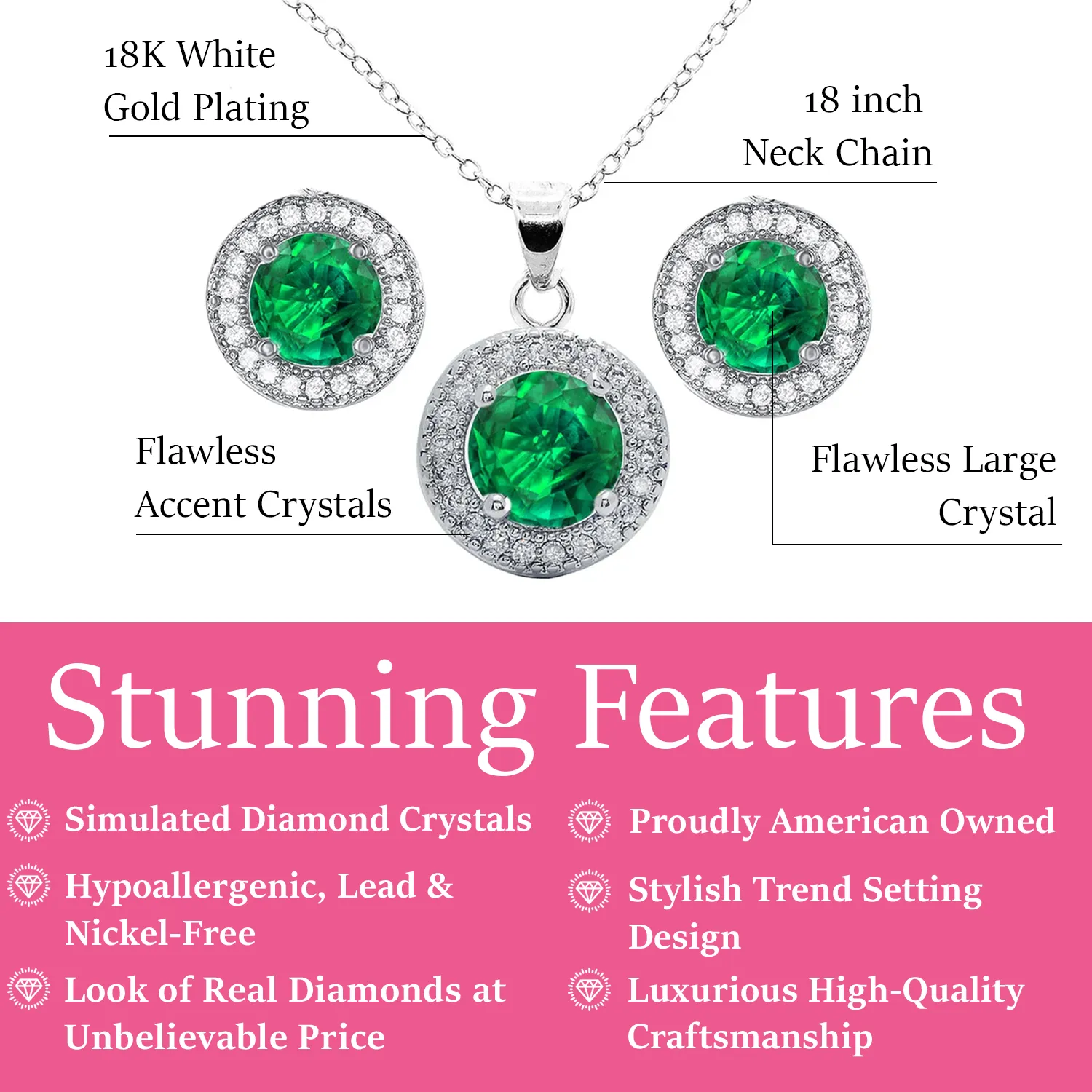 Gwendolyn 18k White Gold Plated Earrings and Necklace Set with Round Cut Simulated Diamond Crystal  Final Sale