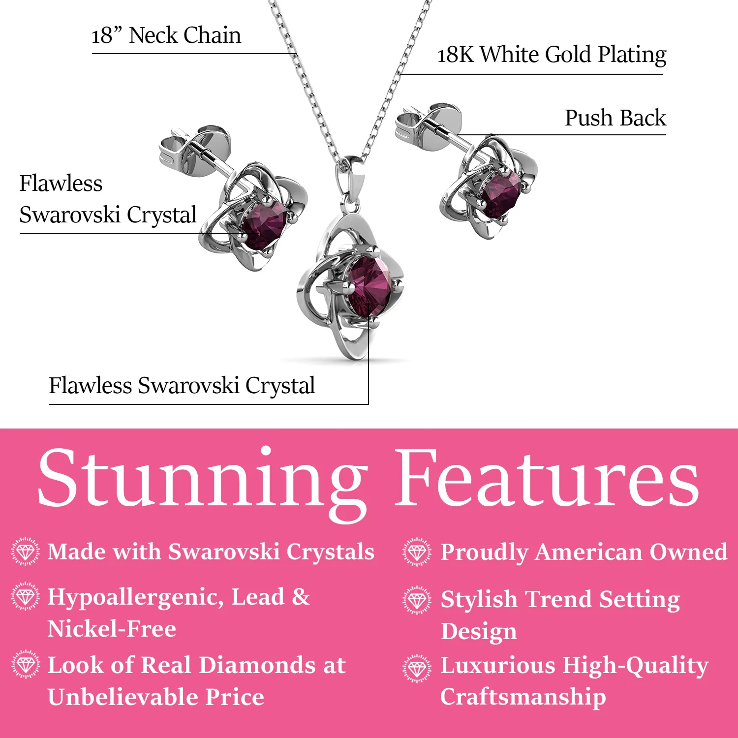 Infinity Birthstone 18k White Gold Plated Stud Earrings and Necklace Set with Swarovski Crystals