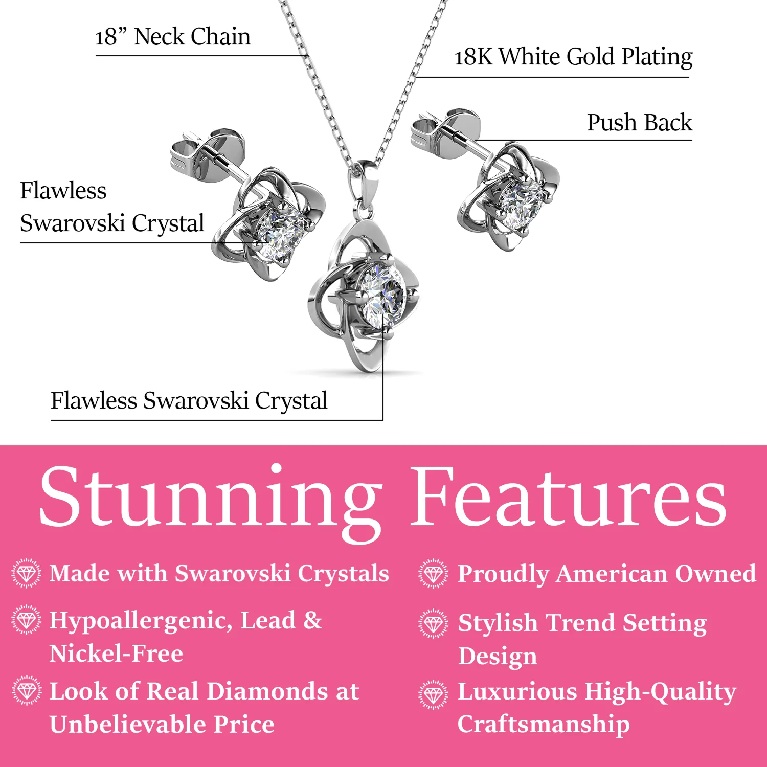 Infinity Birthstone 18k White Gold Plated Stud Earrings and Necklace Set with Swarovski Crystals