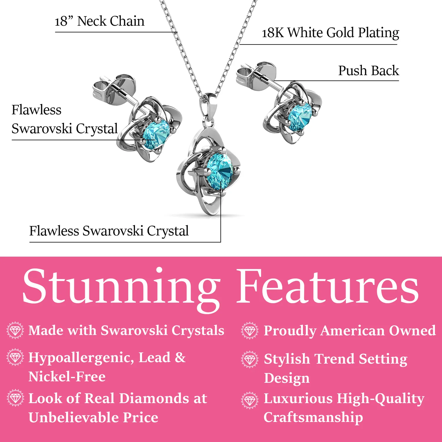 Infinity Birthstone 18k White Gold Plated Stud Earrings and Necklace Set with Swarovski Crystals