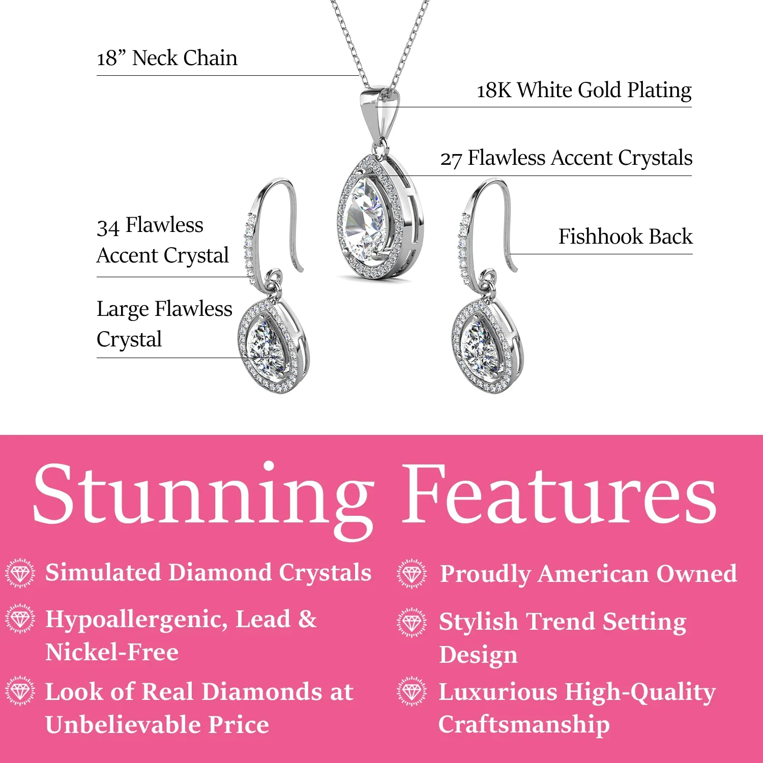 Isabel 18k White Gold Plated Drop Earrings and Necklace Jewelry Set with Simulated Diamond Crystals